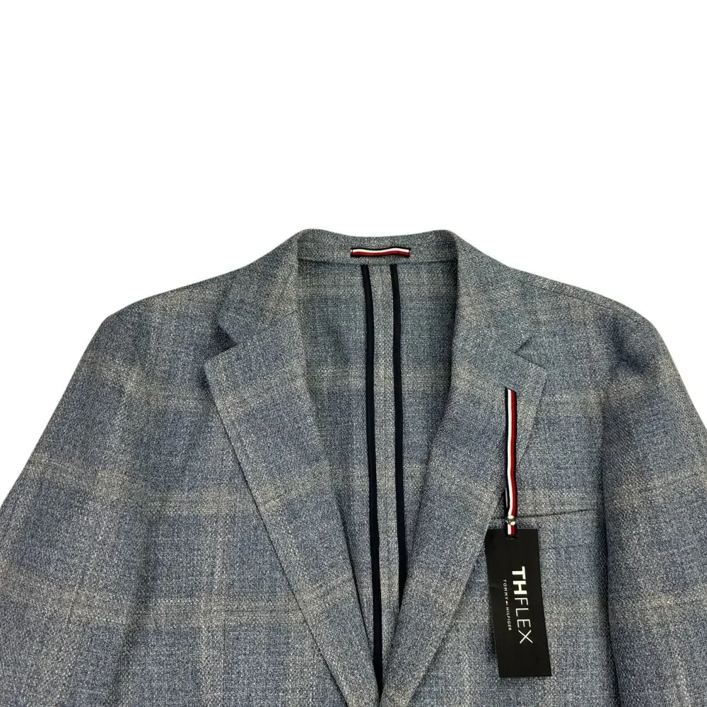 Tommy Hilfiger Mens TH Flex Gene Modern Fit Plaid Sport Coat Light Blue 40L